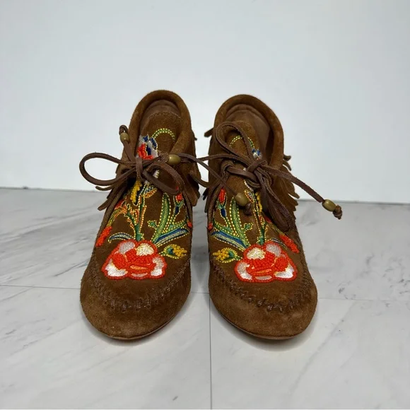 Tory Burch Huntington Fringe Brown Suede Beaded Bootie 5 1/2 M